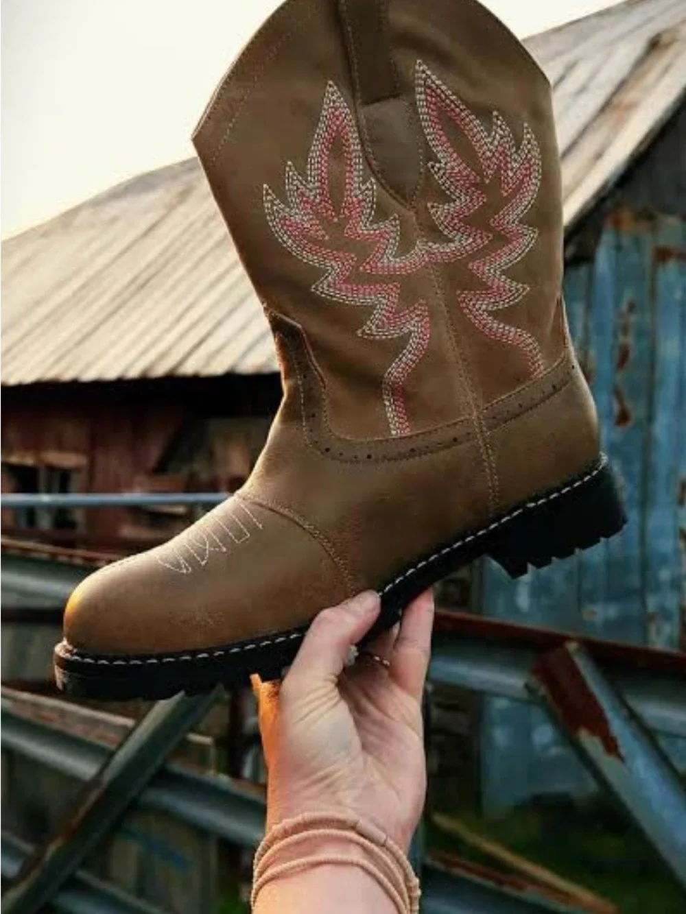 Hawkwell Tan Western Boots with Pink Stitching